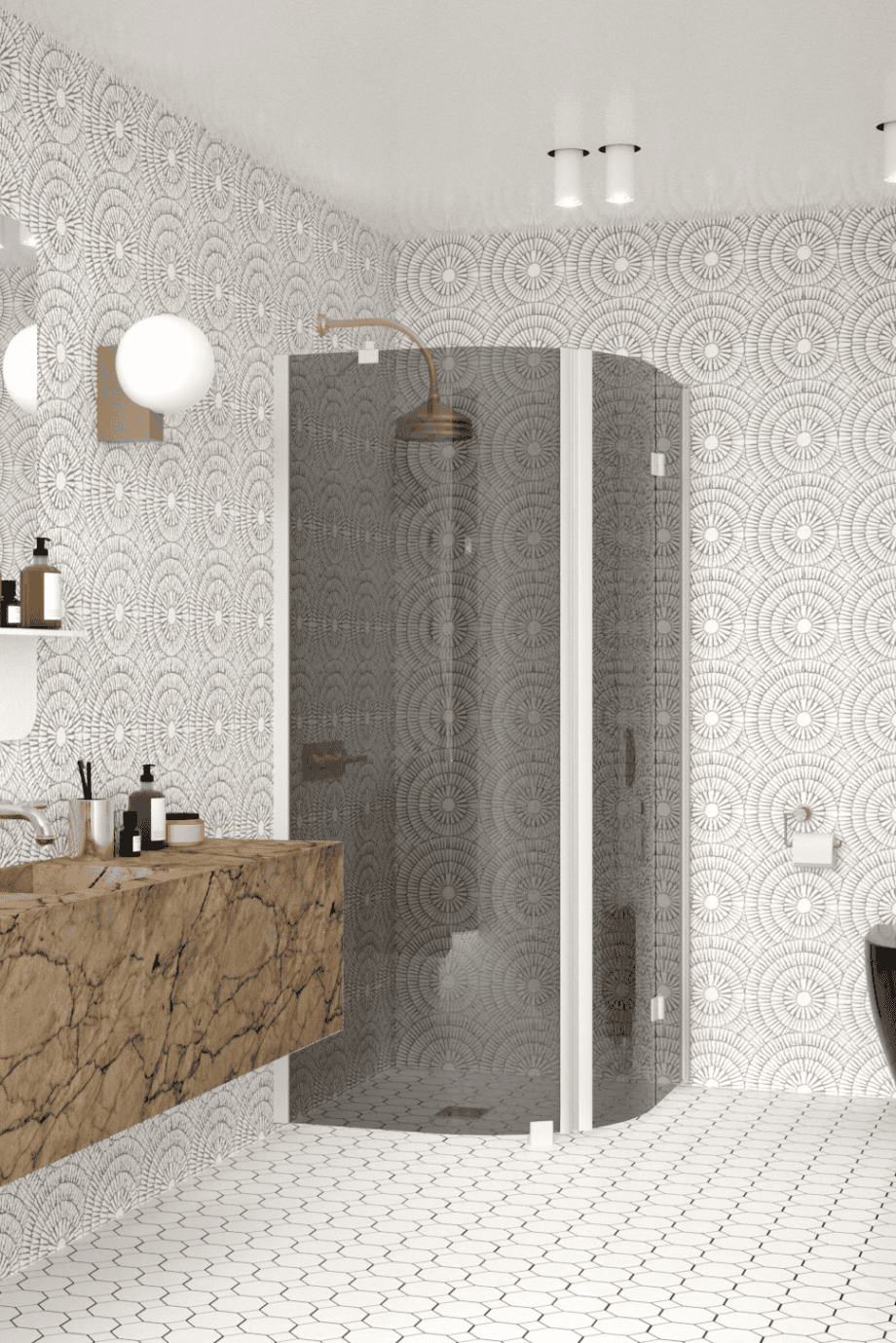 Curved shower enclosure Hietakari Infinia 266, white frame, grey tinted glass Curved shower enclosure Hietakari Infinia 266, white frame, grey tinted glass