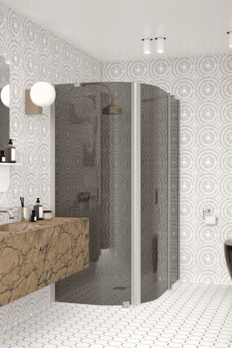 Curved shower enclosure Hietakari Infinia 267, aluminium frame, grey tinted glass Curved shower enclosure Hietakari Infinia 267, aluminium frame, grey tinted glass