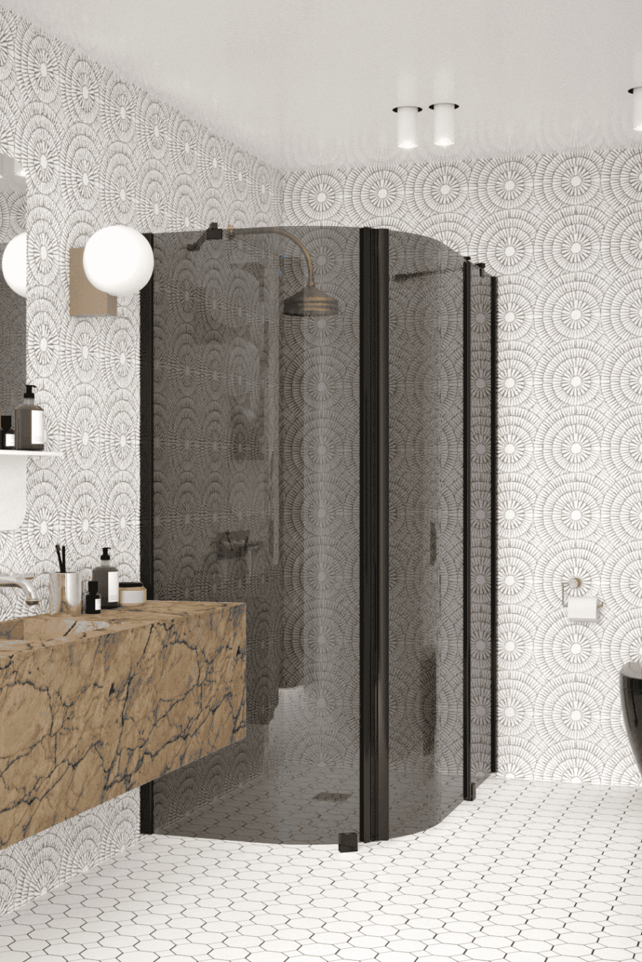 Curved shower enclosure Hietakari Infinia 267, black frame, grey tinted glass Curved shower enclosure Hietakari Infinia 267, black frame, grey tinted glass