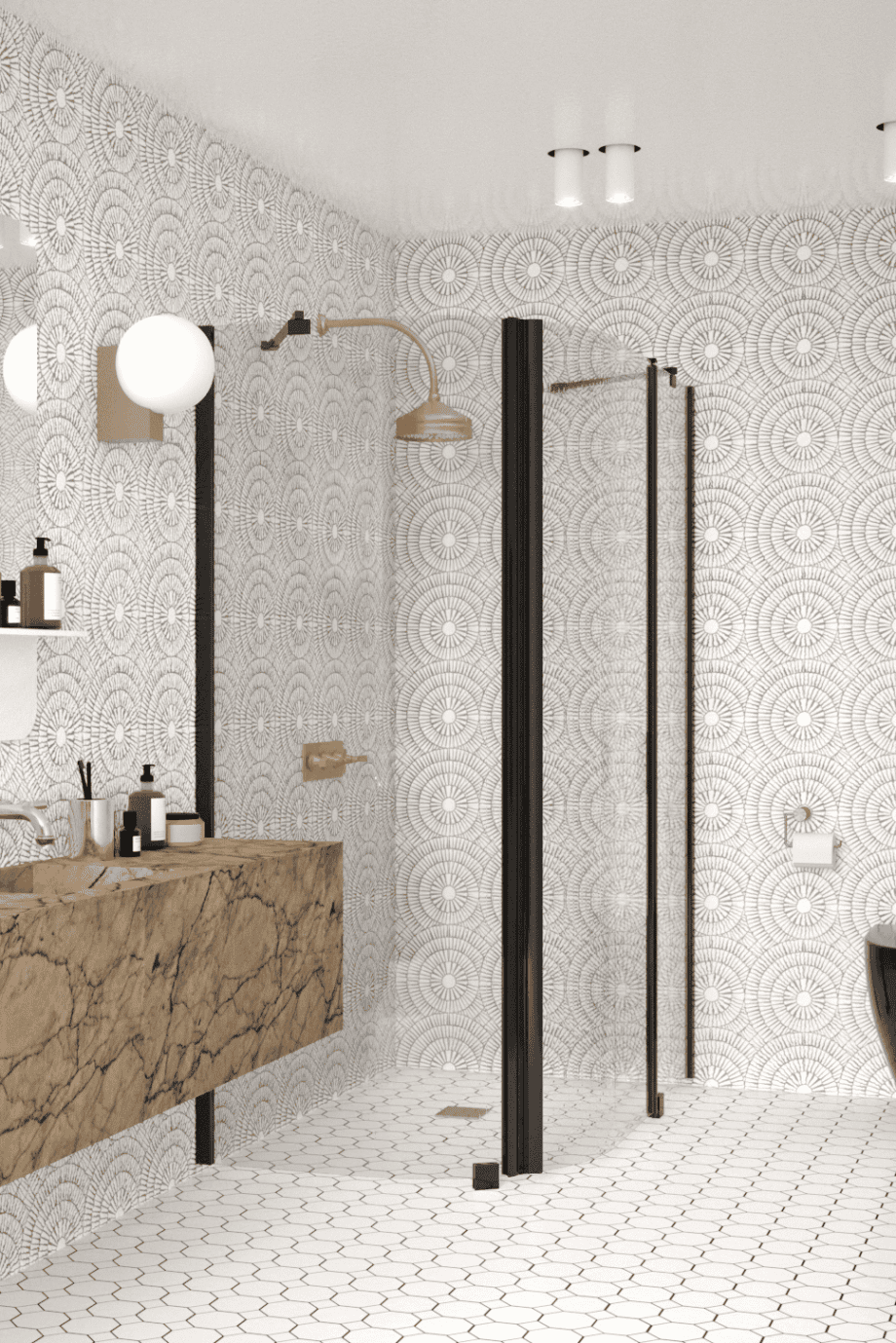Curved shower enclosure Hietakari Infinia 267, black frame, clear glass Curved shower enclosure Hietakari Infinia 267, fixed wall + hinged door with fixed part – 5
