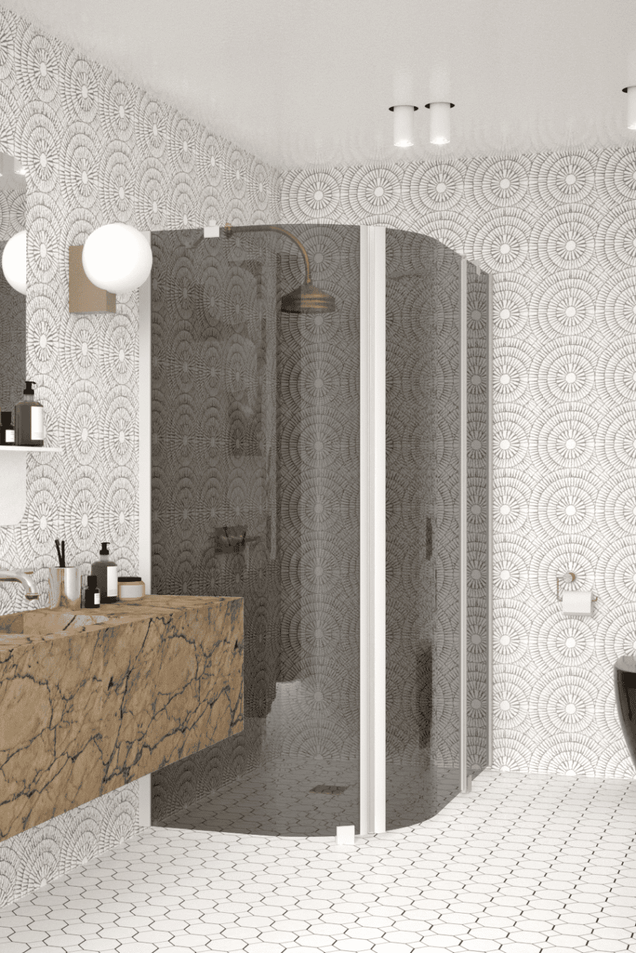 Curved shower enclosure Hietakari Infinia 267, white frame, grey tinted glass Curved shower enclosure Hietakari Infinia 267, white frame, grey tinted glass