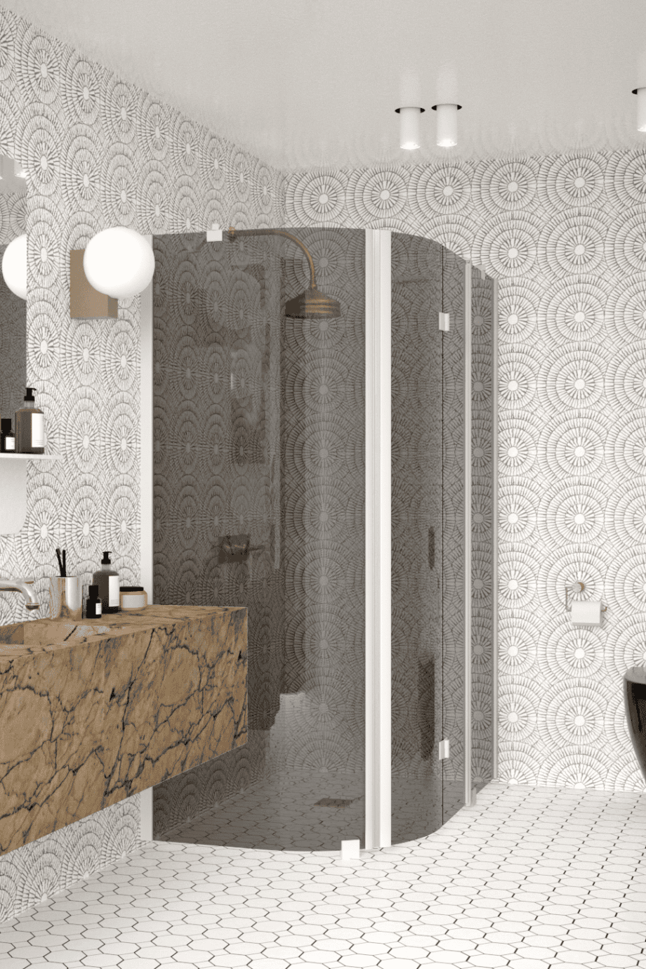 Curved shower enclosure Hietakari Infinia 268, white frame, grey tinted glass Curved shower enclosure Hietakari Infinia 268, white frame, grey tinted glass