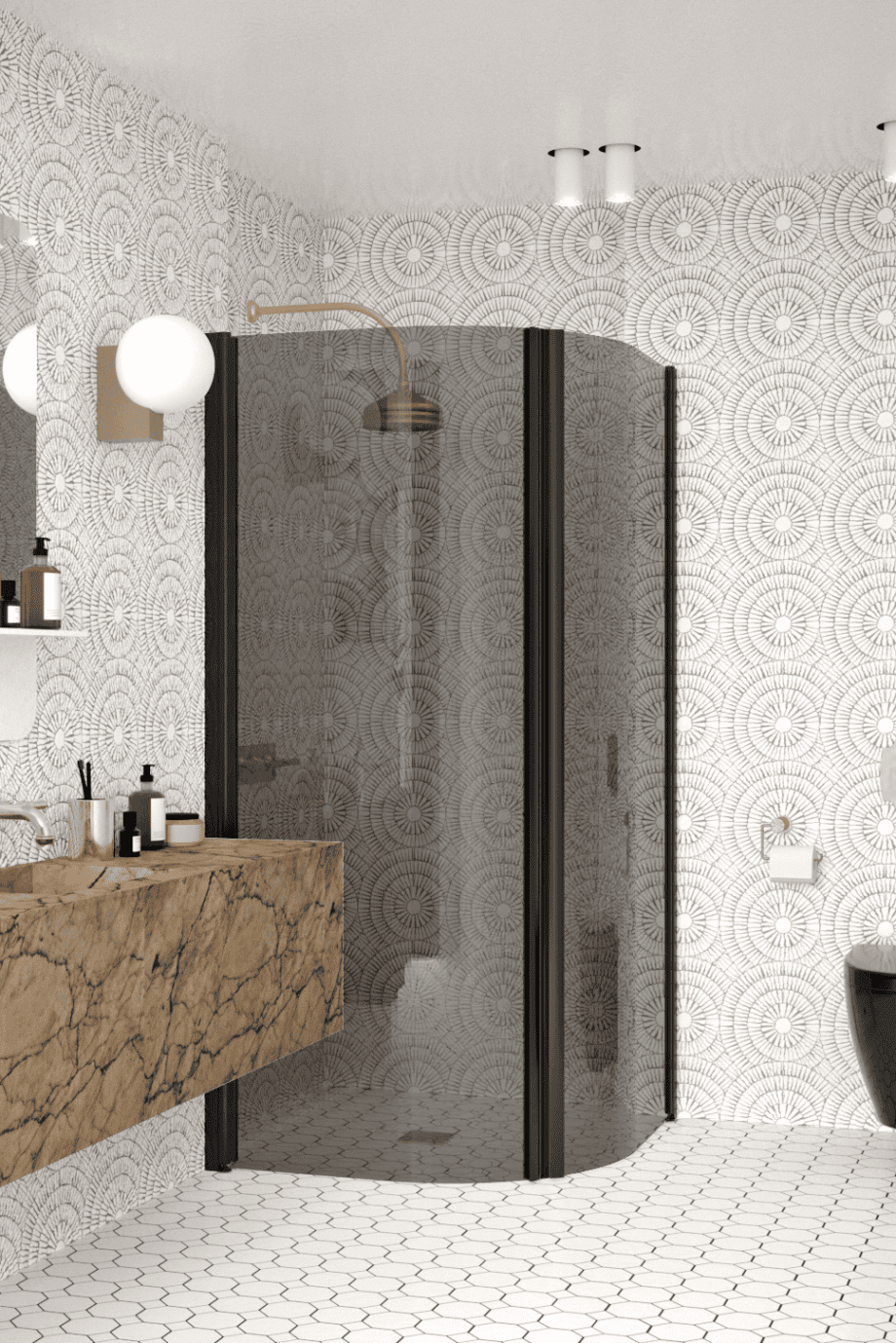 Curved shower enclosure Hietakari Infinia 269, black frame, grey tinted glass Curved shower enclosure Hietakari Infinia 269, black frame, grey tinted glass