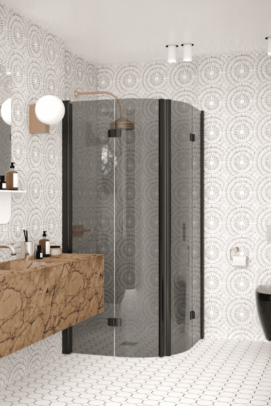 Curved shower enclosure Hietakari Infinia 273, black frame, grey tinted glass Curved shower enclosure Hietakari Infinia 273, black frame, grey tinted glass