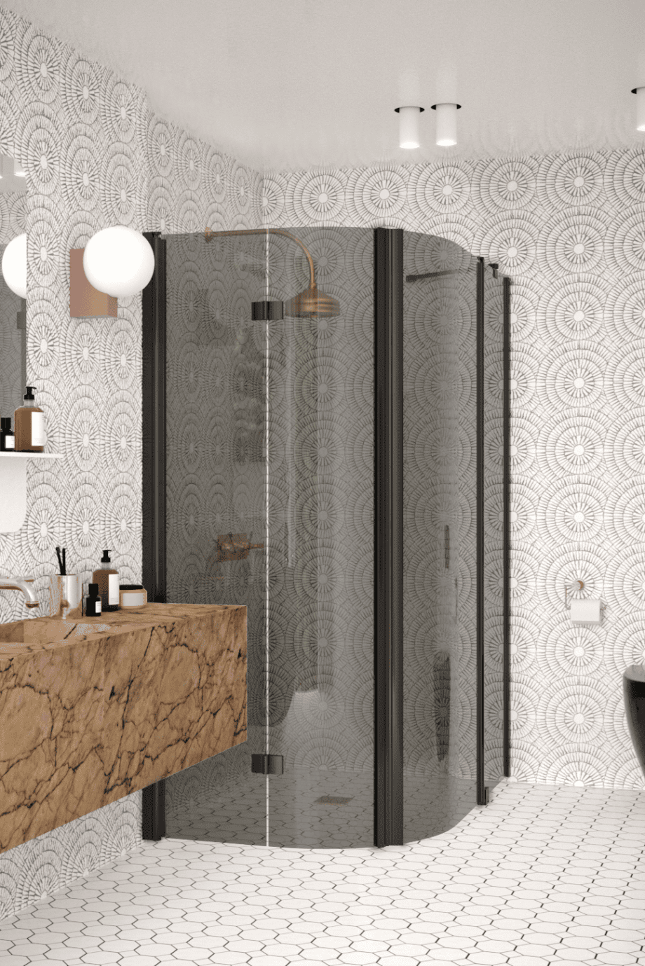 Curved shower enclosure Hietakari Infinia 274, black frame, grey tinted glass Curved shower enclosure Hietakari Infinia 274, black frame, grey tinted glass