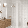 Curved shower enclosure Hietakari Infinia 274, white frame, clear glass Curved shower enclosure Hietakari Infinia 274, folding door + hinged door with fixed part