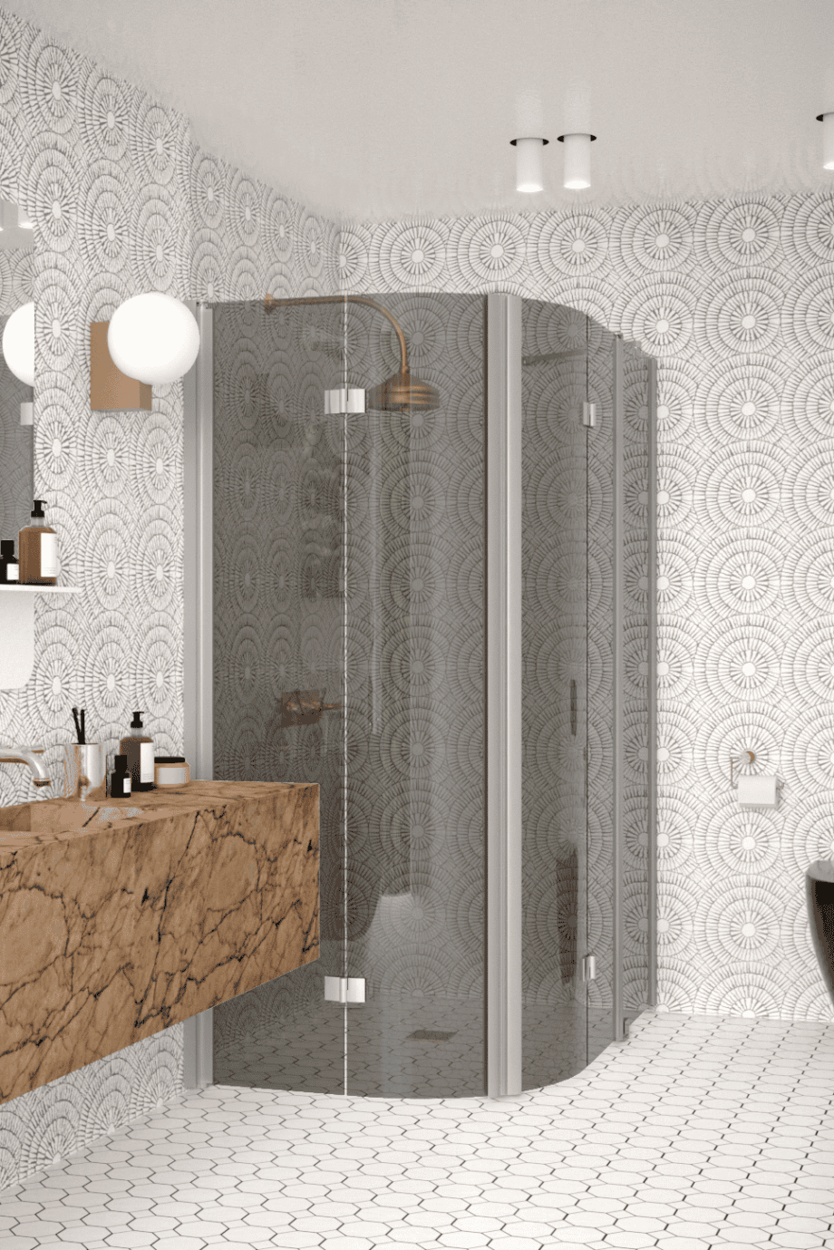 Curved shower enclosure Hietakari Infinia 275, aluminium frame, grey tinted glass Curved shower enclosure Hietakari Infinia 275, aluminium frame, grey tinted glass