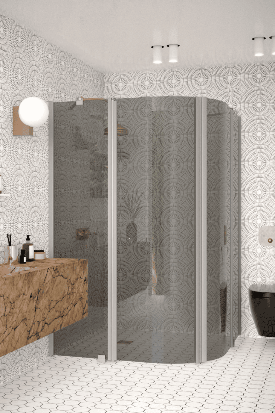 Curved shower enclosure Hietakari Infinia 276, aluminium frame, grey tinted glass Curved shower enclosure Hietakari Infinia 276, aluminium frame, grey tinted glass