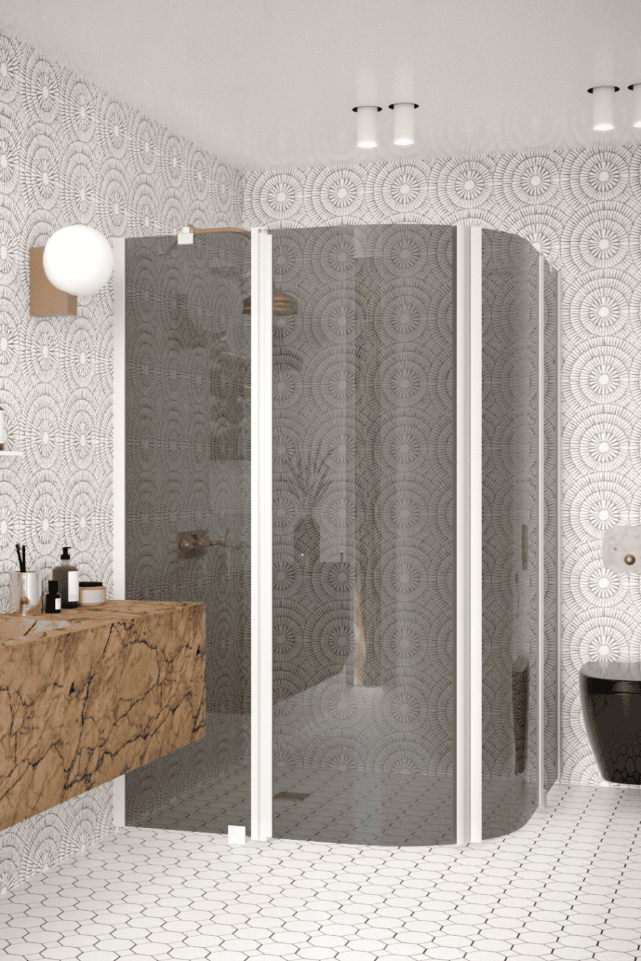 Curved shower enclosure Hietakari Infinia 276, white frame, grey tinted glass Curved shower enclosure Hietakari Infinia 276, white frame, grey tinted glass