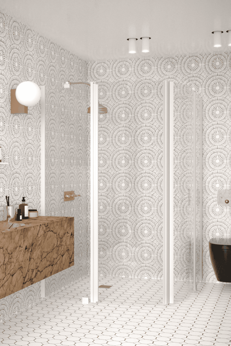 Curved shower enclosure Hietakari Infinia 276, white frame, clear glass Curved shower enclosure Hietakari Infinia 276, hinged door with fixed part + hinged door with fixed part