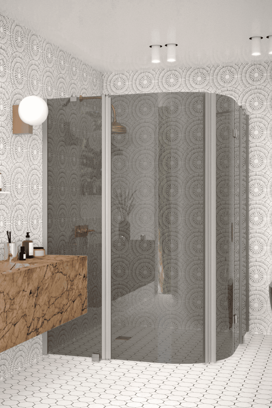 Curved shower enclosure Hietakari Infinia 277, aluminium frame, grey tinted glass Curved shower enclosure Hietakari Infinia 277, aluminium frame, grey tinted glass