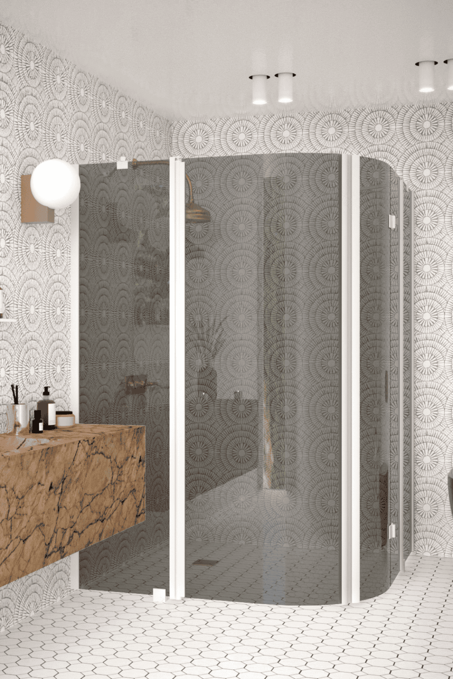 Curved shower enclosure Hietakari Infinia 277, white frame, grey tinted glass Curved shower enclosure Hietakari Infinia 277, white frame, grey tinted glass