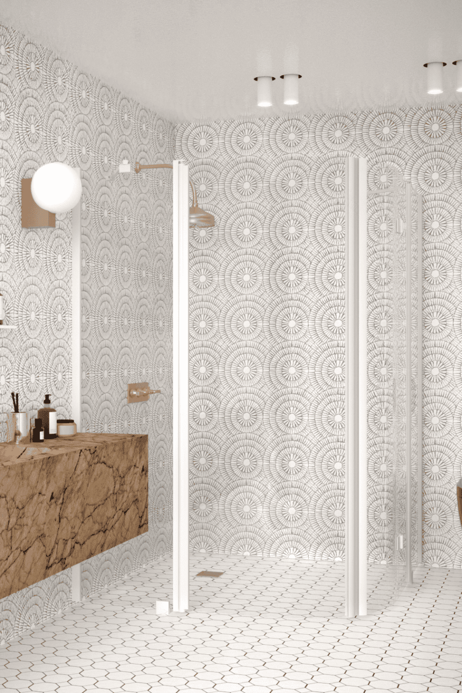 Curved shower enclosure Hietakari Infinia 277, white frame, clear glass Curved shower enclosure Hietakari Infinia 277, hinged door with fixed part + folding door with fixed part