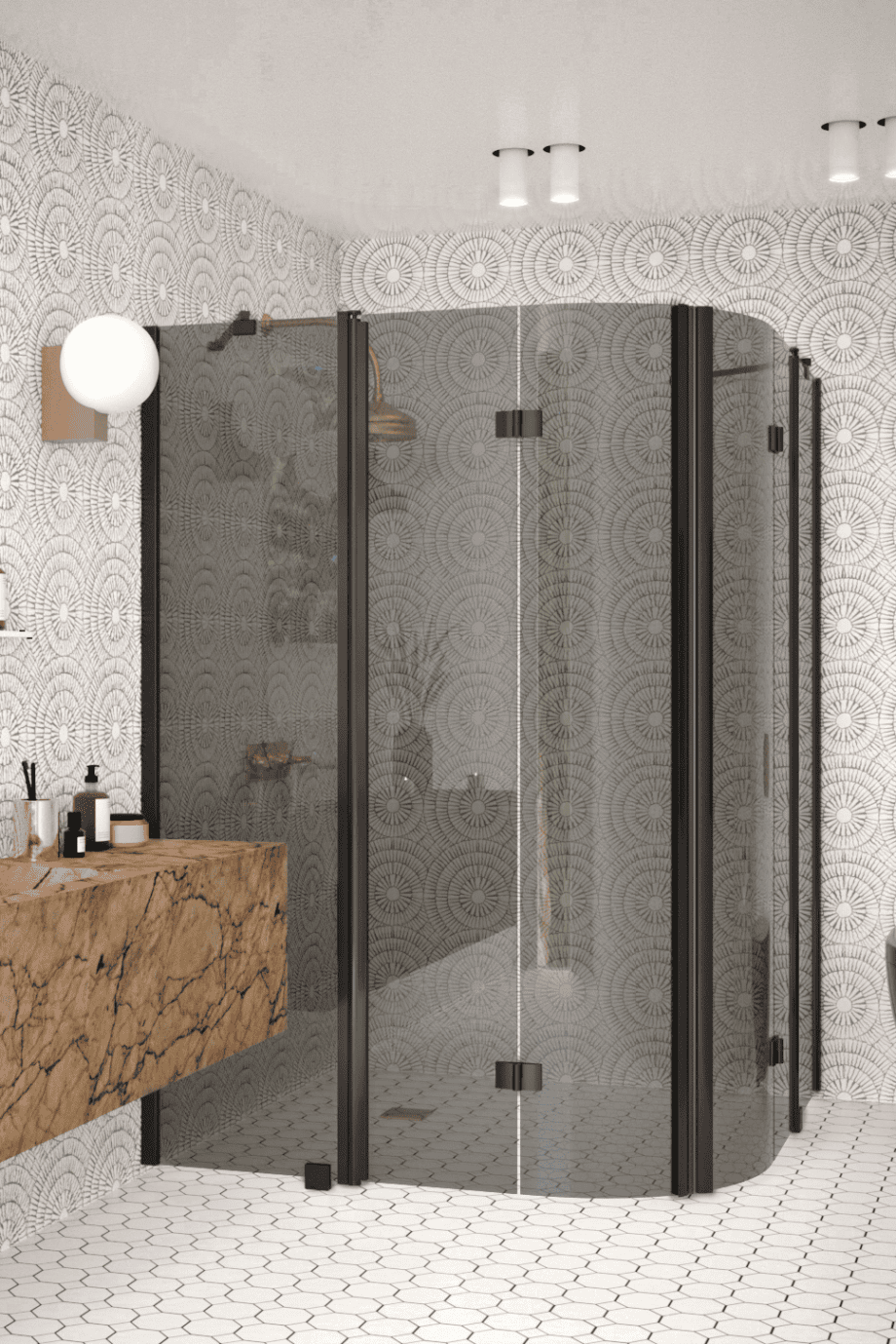 Curved shower enclosure Hietakari Infinia 278, black frame, grey tinted glass Curved shower enclosure Hietakari Infinia 278, black frame, grey tinted glass