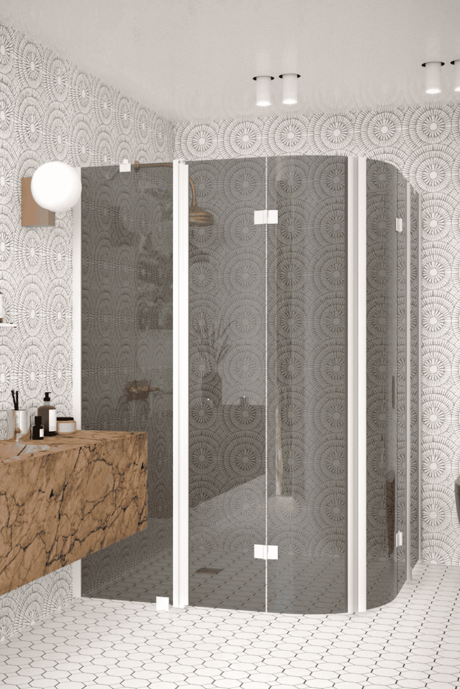 Curved shower enclosure Hietakari Infinia 278, white frame, grey tinted glass Curved shower enclosure Hietakari Infinia 278, white frame, grey tinted glass