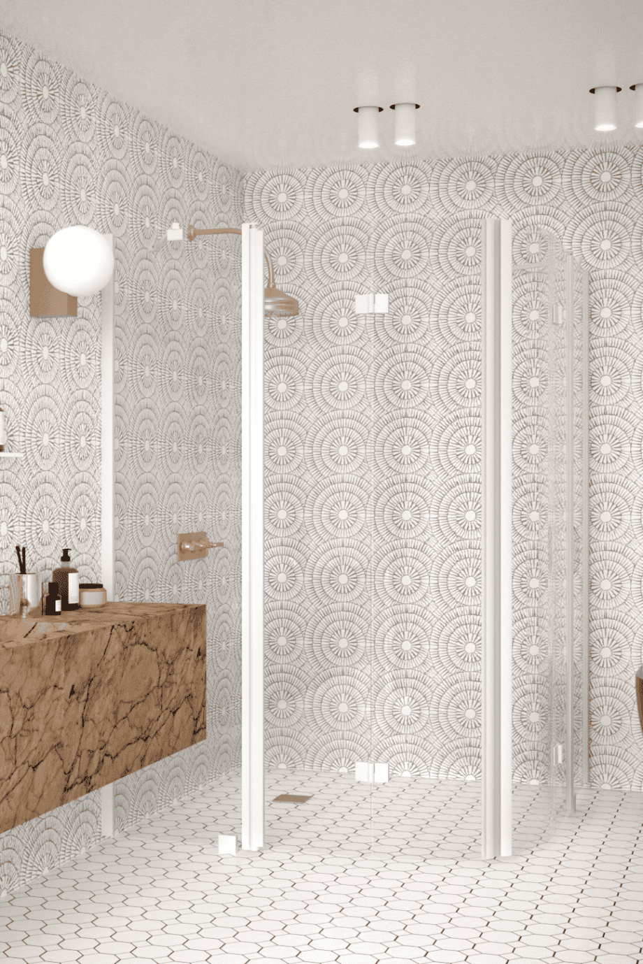 Curved shower enclosure Hietakari Infinia 278, white frame, clear glass Curved shower enclosure Hietakari Infinia 278, folding door with fixed part + folding door with fixed part