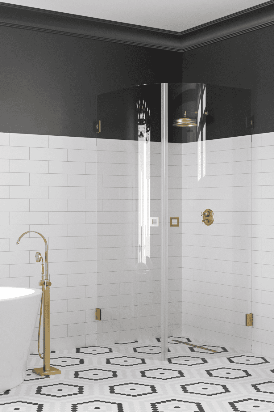 Curved shower enclosure Hietakari Vetro 552, brass fittings, clear glass Curved shower enclosure Hietakari Vetro 552, brass fittings, clear glass