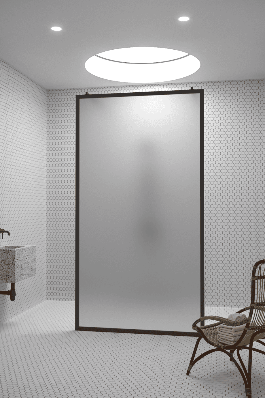 Walk-in shower screen Hietakari Bläk 712 New York, black frame, satin frosted glass