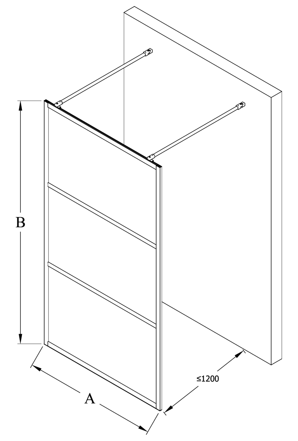 Walk-in shower screen Hietakari Bläk 713 Tokyo – dimension drawing Walk-in shower screen Hietakari Bläk 713 Tokyo – dimension drawing