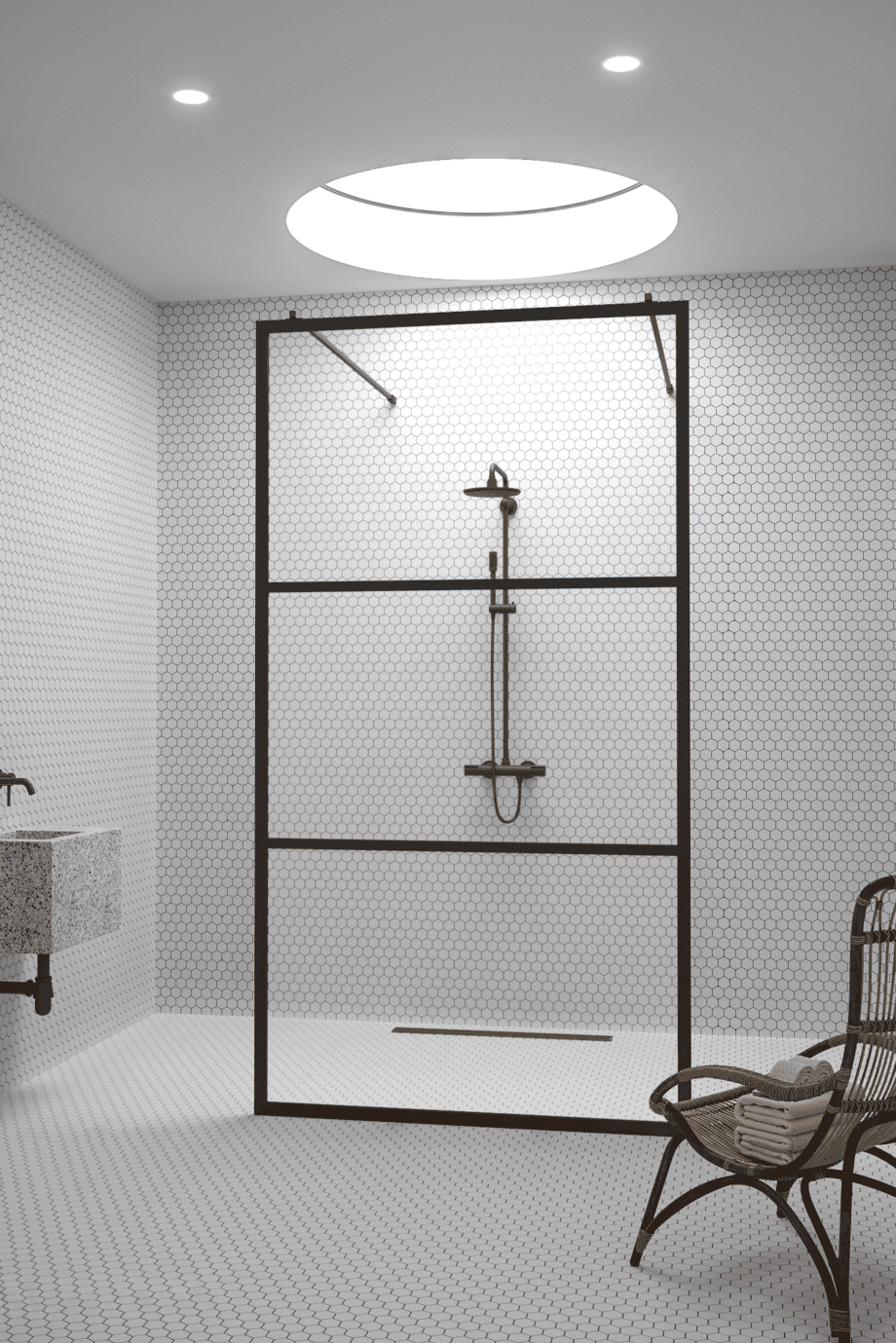 Walk-in shower screen Hietakari Bläk 713 Tokyo, white frame, bronze tinted glass Walk-in shower screen Hietakari Bläk 713 Tokyo, white frame, bronze tinted glass