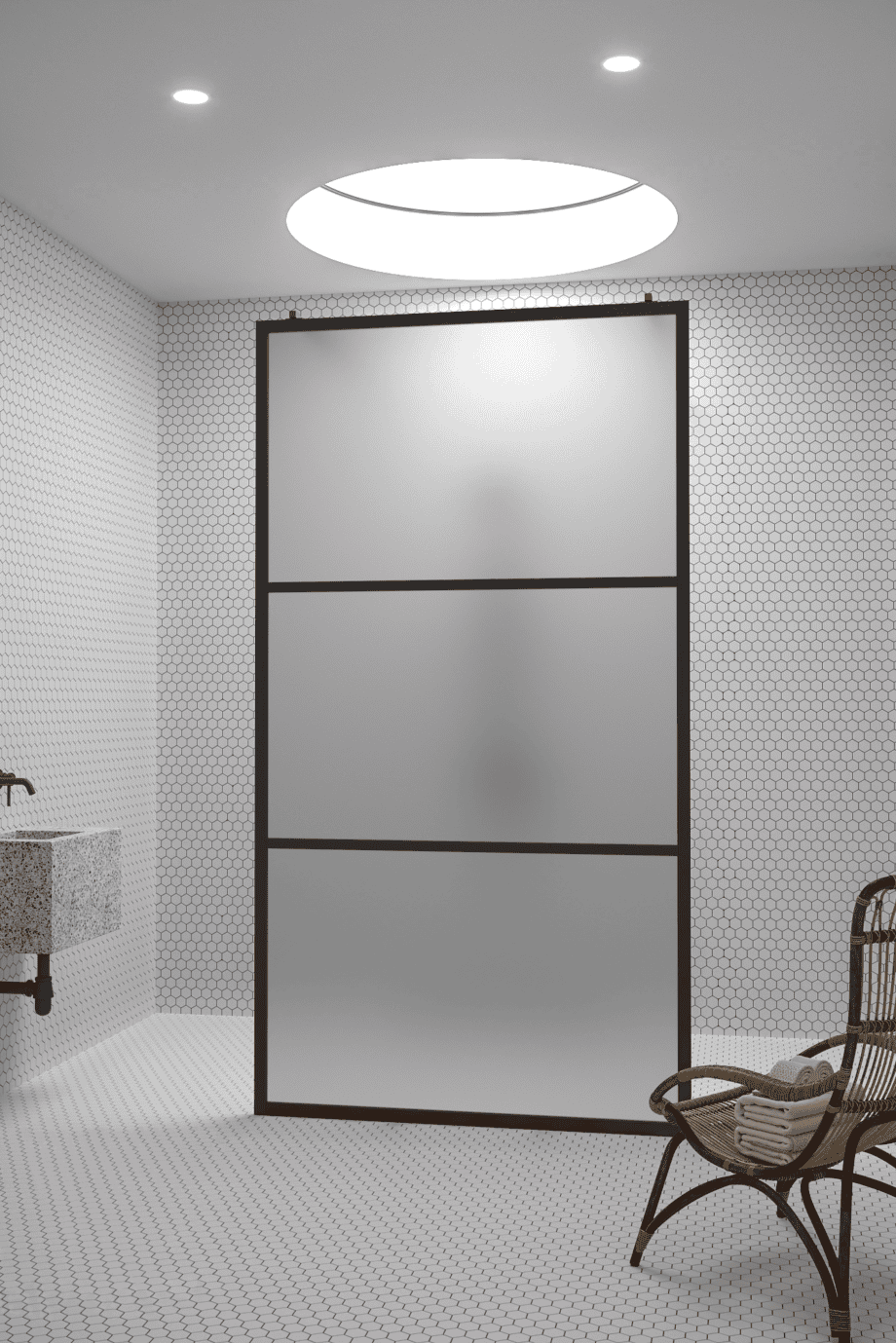 Walk-in shower screen Hietakari Bläk 713 Tokyo, white frame, satin frosted glass Walk-in shower screen Hietakari Bläk 713 Tokyo, white frame, satin frosted glass