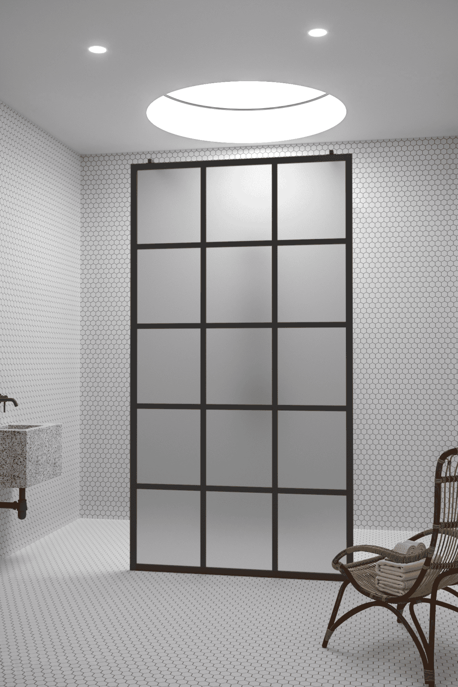 Walk-in shower screen Hietakari Bläk 714 Paris, black frame, satin frosted glass Walk-in shower screen Hietakari Bläk 714 Paris, black frame, satin frosted glass