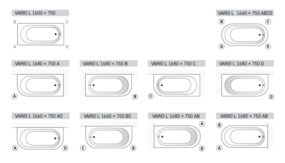 Bathtub PAA VARIO LONG cast stone, with 1 rounded corner