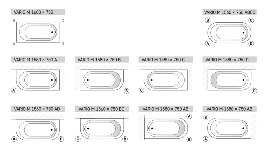 Bathtub PAA VARIO cast stone with 1 rounded corner