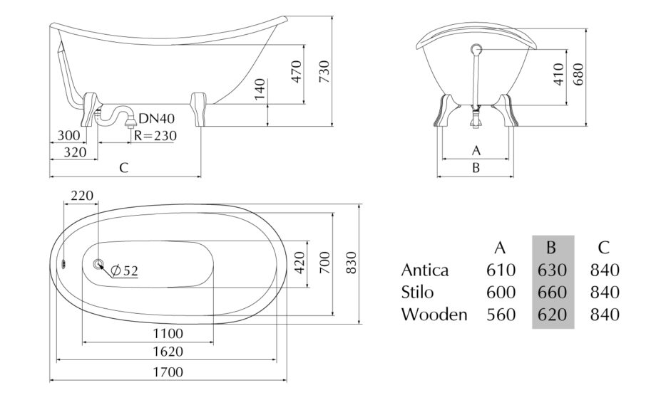 Bathtub PAA VICTORIA cast stone; bathtub with wooden legs