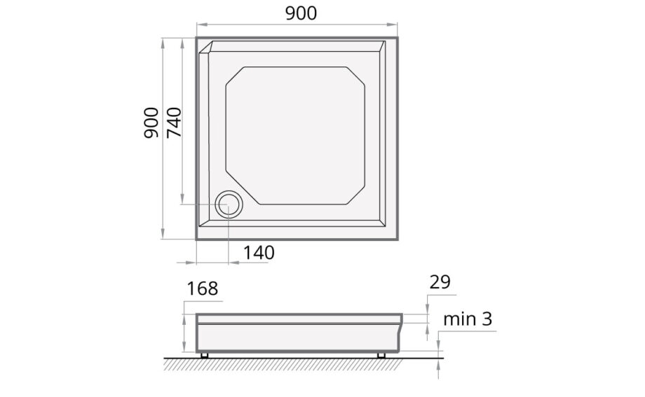 Shower tray PAA CLASSIC KV90 + panel & adjustable legs