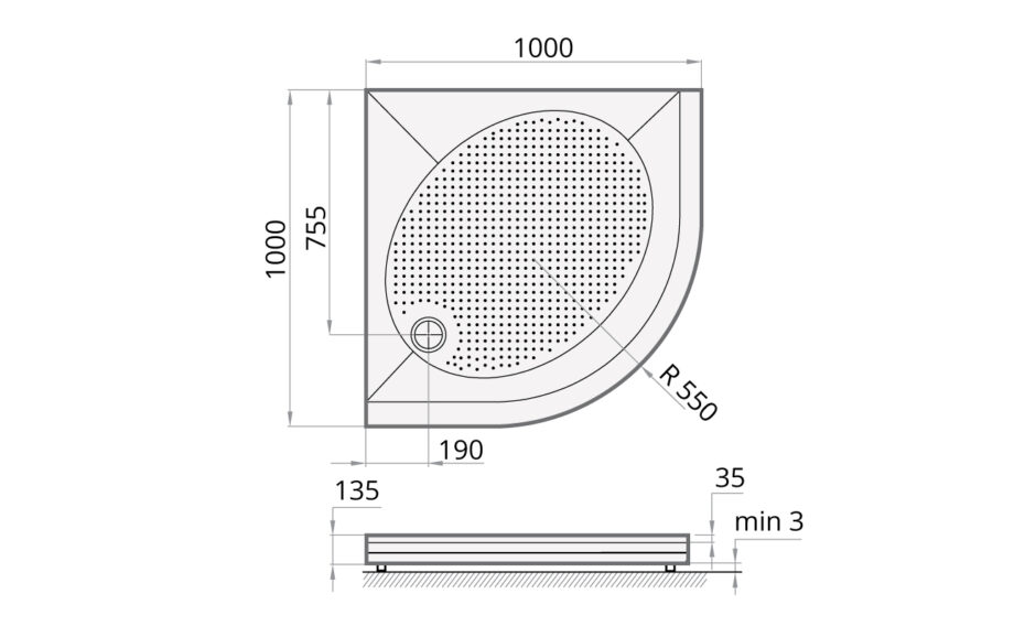 Shower tray PAA ART RO100 R 550 + panel & adjustable legs