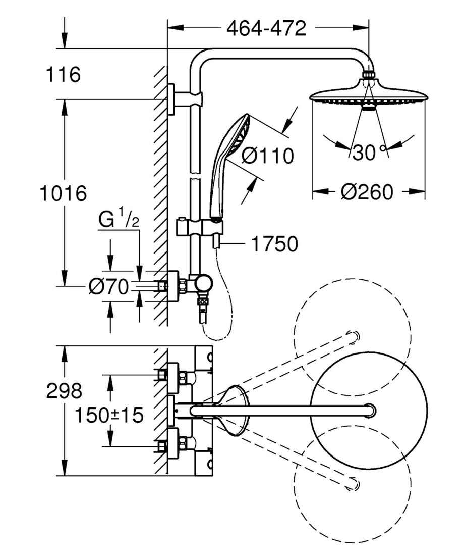 Shower system with thermostat for wall mounting GROHE Euphoria System 260