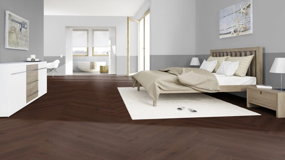 Parquet Oak, ter Hürne, herringbone, Oak red brown, brushed, beveled, extra matt lacquered