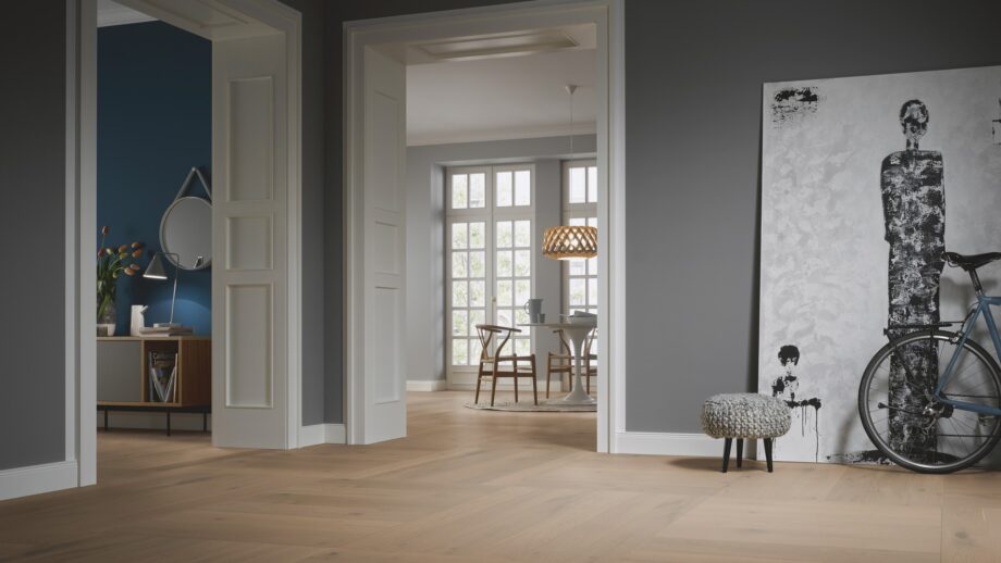 Parquet Oak, ter Hürne, Oak ochre brown, brushed, beveled, extra matt lacquered