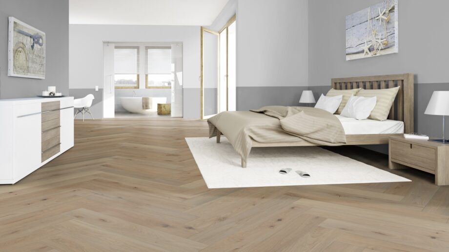 Parquet Oak, ter Hürne, Oak sand brown, herringbone, brushed, beveled, natural oil-treated