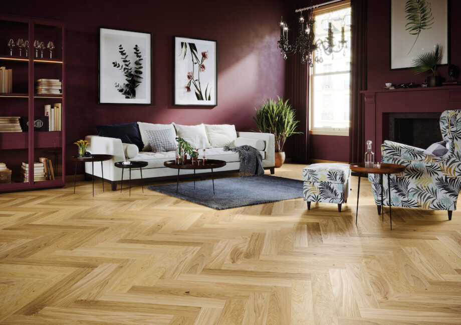 Parquet Oak, Bright, 1-strip, beveled, brushed, stained, natural oil, herringbone, click