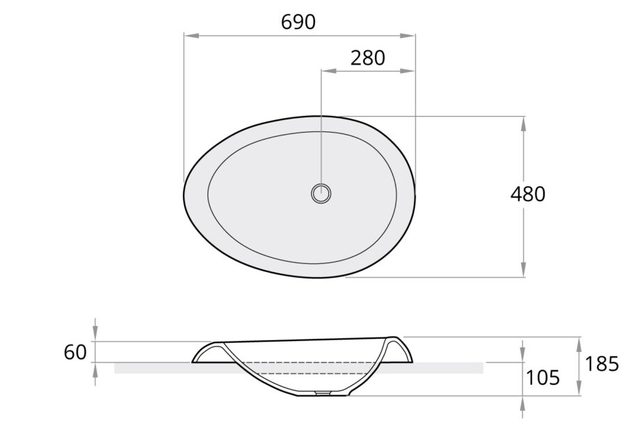 Washbasin PAA ORGANIC IN cast stone drop-in, without overflow