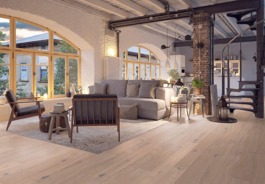 Parquet Oak Rustical 1-strip beveled brushed white oiled 148mm – 10
