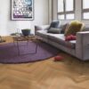 Herringbone engineered wooden floor Bauwerk Monopark Oak Nature 14 matt lacquered, sorting and tone: A balanced and harmonious oak selection with natural tones and minimal knots. The matt lacquered finish highlights the natural beauty of oak while providing durable protection.