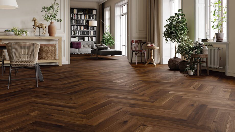 Herringbone floor Smoked Oak beveled, brushed, matt lacquered