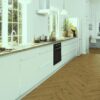 herringbone-flooring-oak-rustic-4-sides-beveled-brushed-osmo-oil-waxed Herringbone flooring Oak Rustic 4-sided beveled brushed 2 coats of Osmo oil wax, installed on the kitchen floor, with kitchen furniture, dining table, and chairs