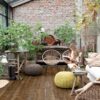 LVT parkett Quick-Step Bloom Sundown Pine paigaldatud talveaia põrandale. Potitaimed, trrassimööbel, laps istub toolil ja loeb raamatut.