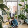 Vinyl Laminat Quick Step Blos Buttermilk Eiche im Wintergarten verlegt, viele Topfpflanzen, eine Frau pflanzt neue Pflanzen in Töpfe auf dem Boden, doppelte Balkontüren öffnen sich zum Garten mit Bäumen und Pflanzen.