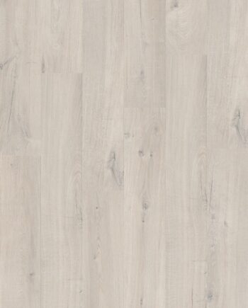 Vinyylilattia Quick Step Bloom Cotton Oak White Blush, erittäin vaalea valkobeige tammen sävy kevyellä punertavalla vivahteella ja lankkudesign.