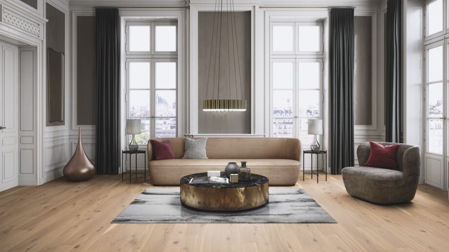 Engineered wooden flooring Bauwerk Boen Casapark Oak 46 Vivo brushed Avorio light oil-waxed installed on a living room floor. Classical modern mix stile with design sofa and chair. Nice design lightning. Marble top metallic side sofa table. Design carpet.