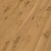 Parketti Bauwerk Casapark Budget Cut tammi 56 (138 mm), harjattu ja mattalakattu, asennettuna kodin lattialle – voimakkaan rustiikkinen sorteerus (runsaat oksakohdat ja selkeää sävyvaihtelua) sekä luonnollinen tammensävy. Budget Cut -rakenteessa pintalamelli on jatkettu, mikä mahdollistaa pitkän 2,2 m lautaformaatin.