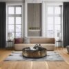 parquet-floor–bauwerk-boen-casapark-oak-46-vivo-brushed-oiled-138mm Parquet floor Bauwerk Boen Casapark Oak 46 Vivo brushed and oil-waxed 138mm wide installed on livingroom floor. Designer sofa and chair. Beutiful sofa table., grey designer carpet under it.
