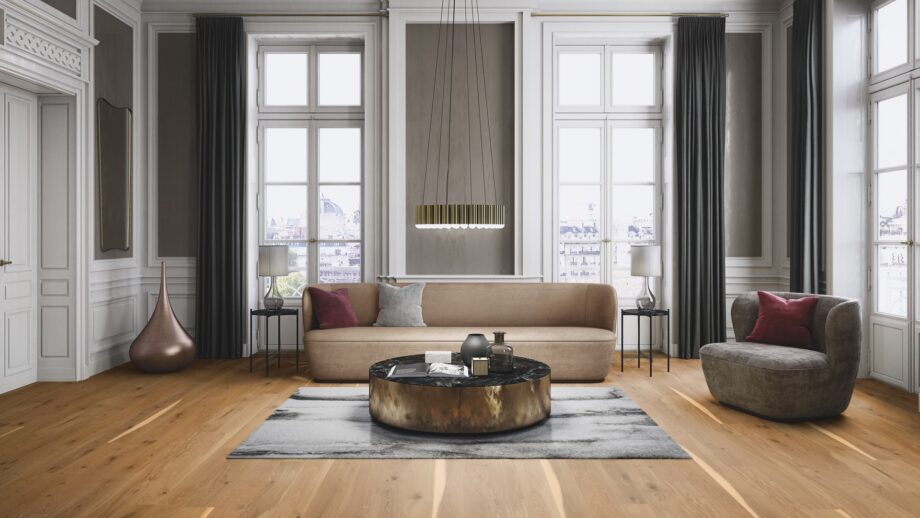 parquet-floor–bauwerk-boen-casapark-oak-46-vivo-brushed-oiled-138mm Parquet floor Bauwerk Boen Casapark Oak 46 Vivo brushed and oil-waxed 138mm wide installed on livingroom floor. Designer sofa and chair. Beutiful sofa table., grey designer carpet under it.