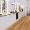 wooden-floor-bauwerk-casapark-oak-46-bevelled-brushed-matt-lacquered Wooden floor Bauwerk Casapark Oak 46 bavelled, brushed and matt lacquered installed on kitchen floor. Kitchen furniture, dining table.