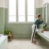 Кварц-винил Quick-Step Illume Oyster Concrete уложен на полу ванной комнаты — мебель с двумя накладными раковинами; женщина опирается рукой на раковину и чистит зубы, глядя на своё отражение в настенном зеркале.